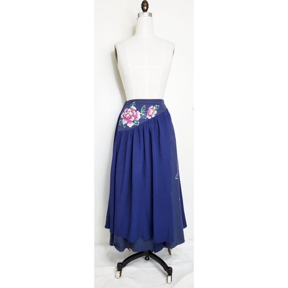 Vintage Womens Handmade Handpainted Floral Layered Flared Skirt Blue XS/S - Picture 13 of 13